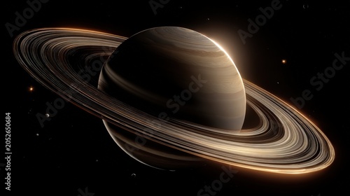 Stylized planetary model of Saturn with rings curving around, isolated background