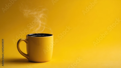 Yellow mug with black coffee and vapor rising, simple modern composition
