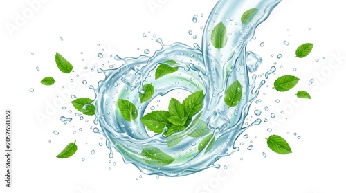 A refreshing splash of mint leaves emerging from clear water, evoking a sense of freshness and natural purity.