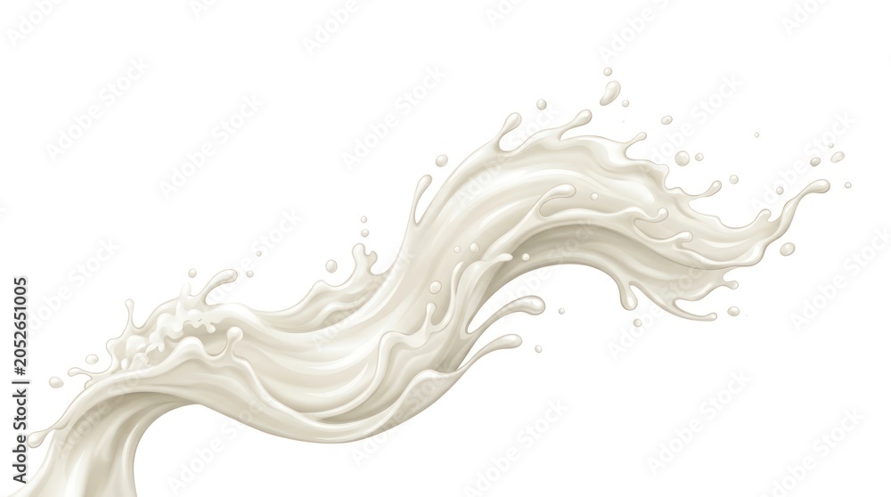Fototapeta premium A dynamic splash of milk against a white backdrop, evoking a sense of freshness and purity, showcasing a fluid motion and a burst of bubbles, with a creamy texture and a milky color.