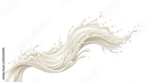 A dynamic splash of milk against a white backdrop, evoking a sense of freshness and purity, showcasing a fluid motion and a burst of bubbles, with a creamy texture and a milky color.
