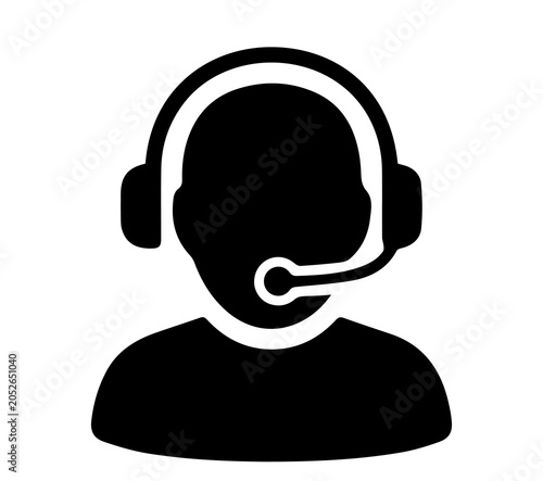 Customer support representative icon showing a person silhouette wearing a headset with a microphone for communication services, customer