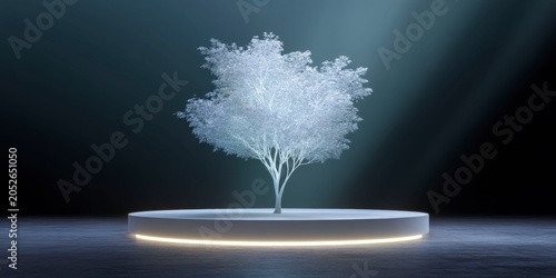 a beautiful tree made from glowing light, on a round stage with a dark background