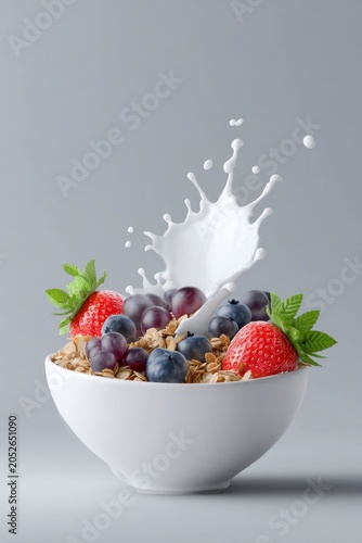 milk splashing on a white bowl with granola and fruit inside on a gray background