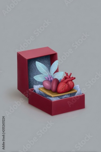an open gift box containing miniature red body parts, including the heart and a long, light blue tongue. on top of it is a small golden plate with different colors, each in a dark red.