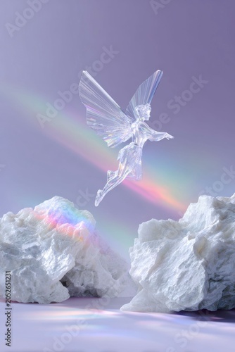 a futuristic angel made of clear crystal, hovering over white rocks with colorful prismatic light coming from behind them