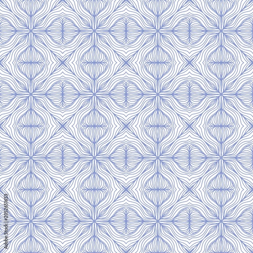 Soft blue elegant line art kaleidoscope seamless pattern.