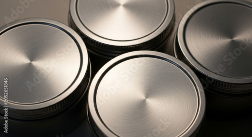 Close-up view of four shiny silver drum heads on a drum set
