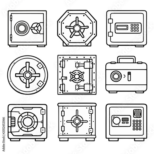 set of black and white line drawings of various safe boxes and locks