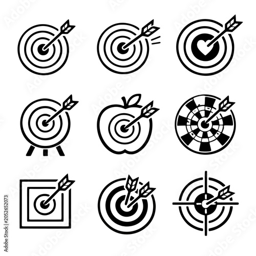 black and white vector illustration of various target icons with arrow