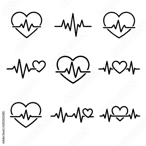 heart rate monitor line icons with heartbeat rhythm symbols