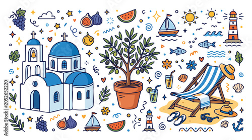 Mediterranean Greece Travel Doodle Vector Icons Set