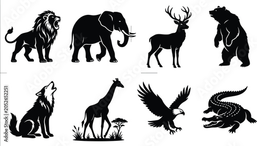 Photography Wild animal silhouette icons set featuring lion elephant deer bear wolf giraffe