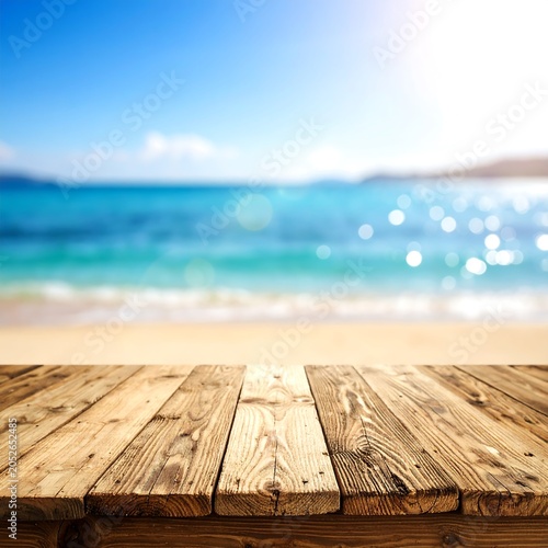 Blurred beach background with wooden deck foreground