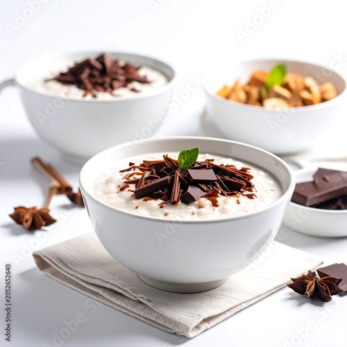 Delicious rice pudding with chocolate shavings and mint in white bowls