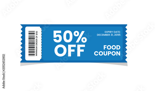 Blue food coupon offering fifty percent discount with barcode and expiry date