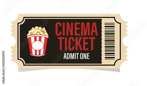 Fotografia Vintage cinema ticket with popcorn bucket illustration for admittance