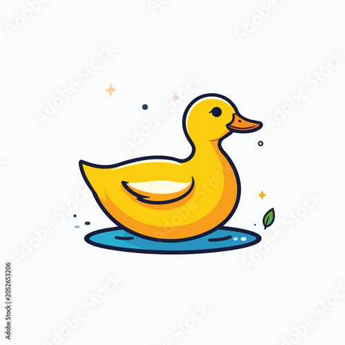 Cute cartoon yellow rubber duck swimming in blue water.