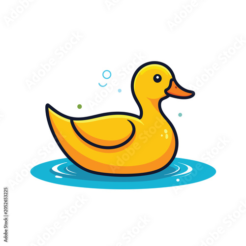 Cute yellow rubber duck floating on water vector illustration.