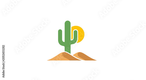 Minimalist Desert Landscape Logo Design: Cactus, Sun, and Sand Dunes on White Background