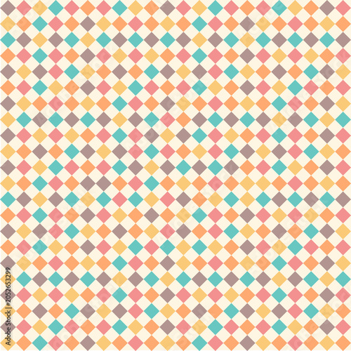 Features a colorful, seamless geometric pattern background composed diamond shapes. The retro-inspired palette.