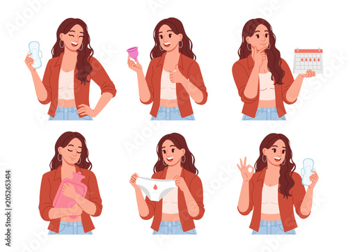 Menstruation concept set with feminine hygiene products and young woman. Vector illustration.