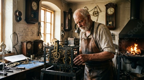 Elderly clockmaker working on an intricate vintage clock mechanism in his traditional workshop.