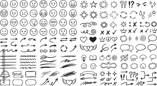 Foto Cartoony Expression Doodle Elements with Arrows and Emoticon Effects