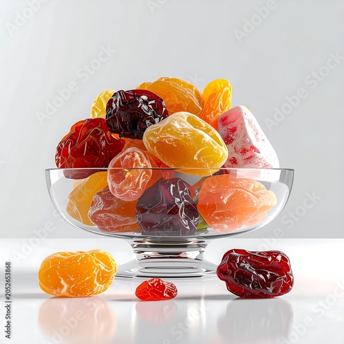 Dried fruit mix in a glass bowl on white background
