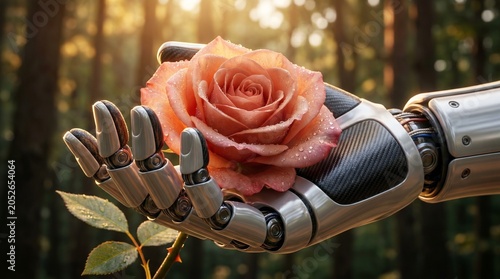 A robotic hand gently holding a delicate peach colored rose in a forest.