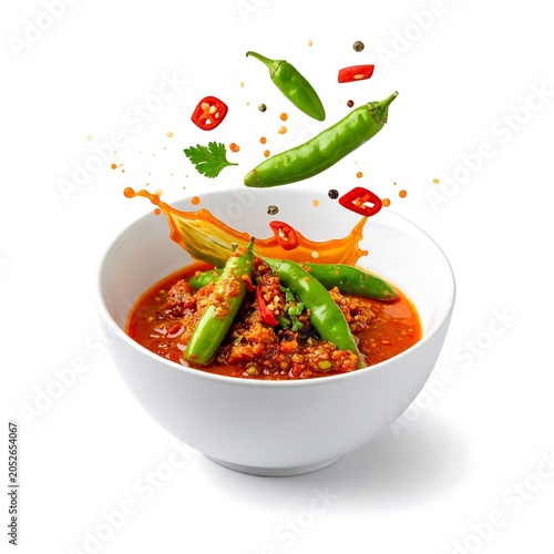spicy green curry dish with vegetables and sauce splashing in white bo