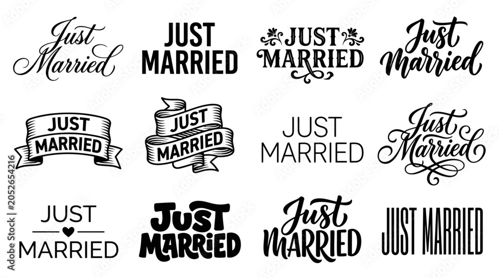 Obraz premium A collection of illustrations featuring various Just Married stickers on white background