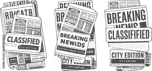 Stack of vintage newspapers with breaking news and classified ads in a style