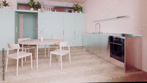 3D render of a modern minimalist open plan kitchen and dining room. Pastel pink and mint green interior design with stainless steel counter. Light wood table and herringbone parquet floor