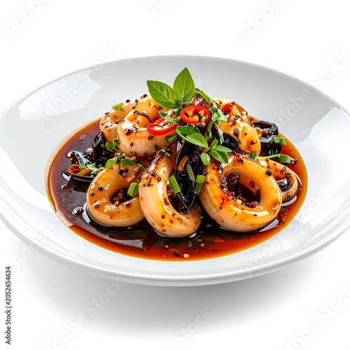 Delicious squid rings in spicy savory sauce with herbs on white plate