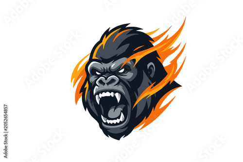 Photography Roaring Gorilla Head Mascot with Orange Flames on White Background