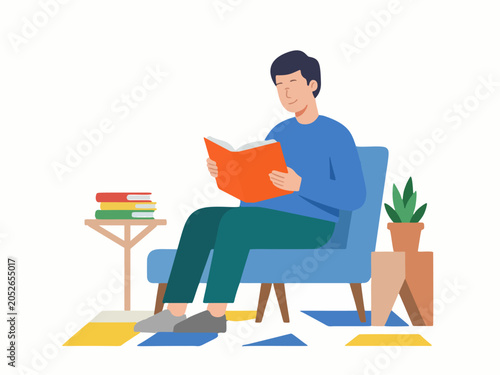 Man reading book on sofa flat vector illustration