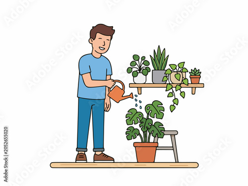 Man watering indoor plants flat vector illustration