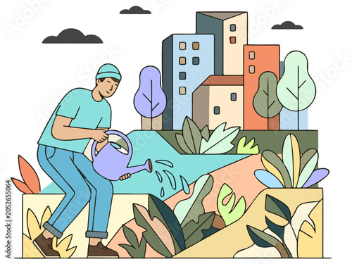 Man watering plants in garden flat vector illustration
