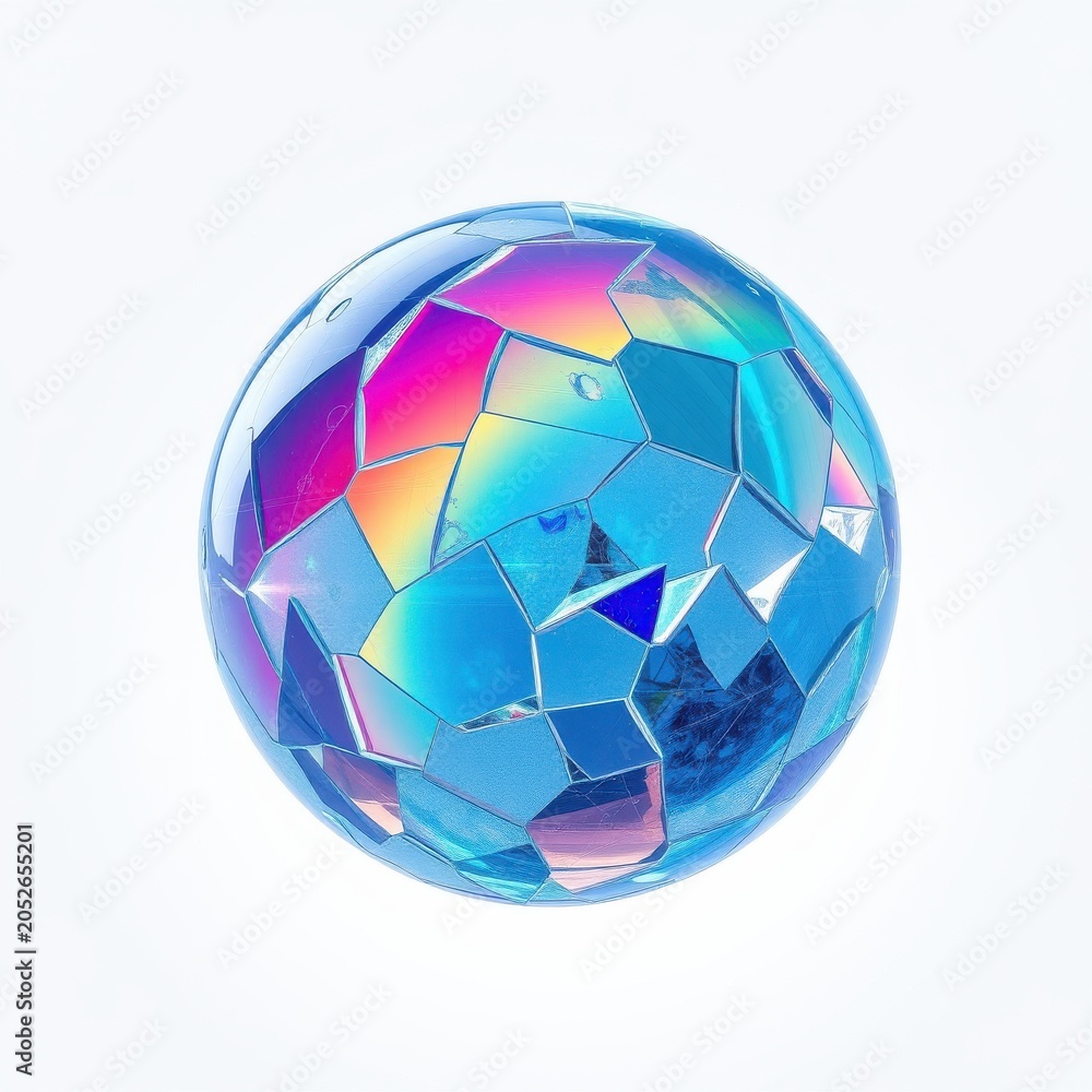Fototapeta premium Iridescent sphere, fragmented surface reflects light. Colorful, geometric patterns create dazzling visual effect. Smooth texture, bright illumination.