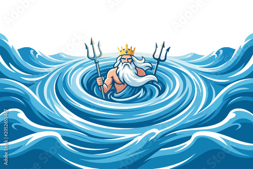Konstfotografi Sea god Neptune holding tridents in ocean vortex illustration
