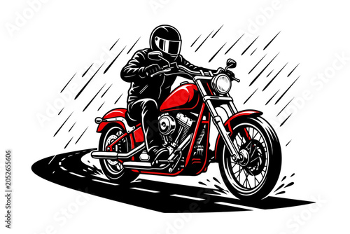 Fotografi Biker riding red cruiser motorcycle on wet road in rain