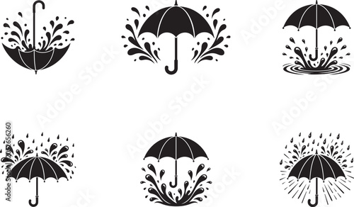 Umbrella Rain Icons Collection Water Splash Weather Protection Vector Set