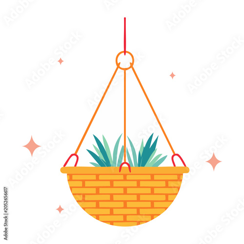 Flat design hanging plant basket with green leaves