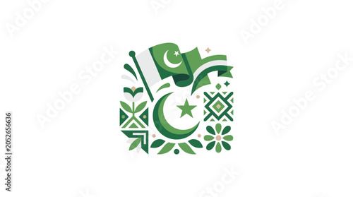 Tableau sur toile Green Pakistani Cultural Icons with Flags and Traditional Patterns