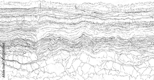 Εκτύπωση καμβά Black and white cross section of geological strata showing folded layers and fau