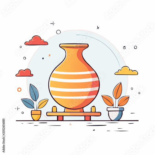 Stylized Ceramic Vase with Potted Plants and Clouds