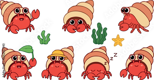 Konstfotografi Cute hermit crab cartoon character vector set featuring funny marine crustaceans
