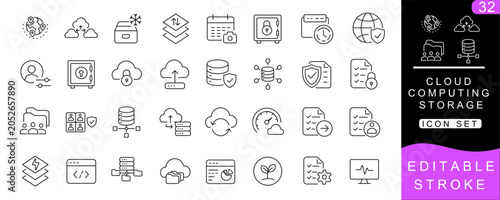 Obraz na plátne Cloud Computing Storage Line Icons Set – Cloud Backup, Data Management, Archive