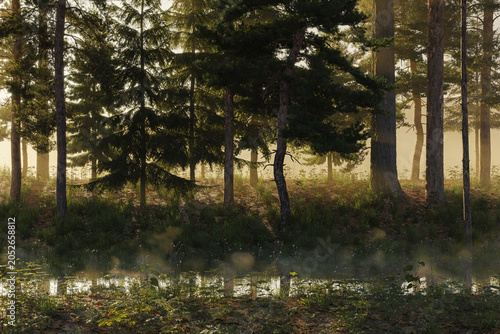 Tablou pe pânză 3d rendering of a forest scene with a river and uprising steam
